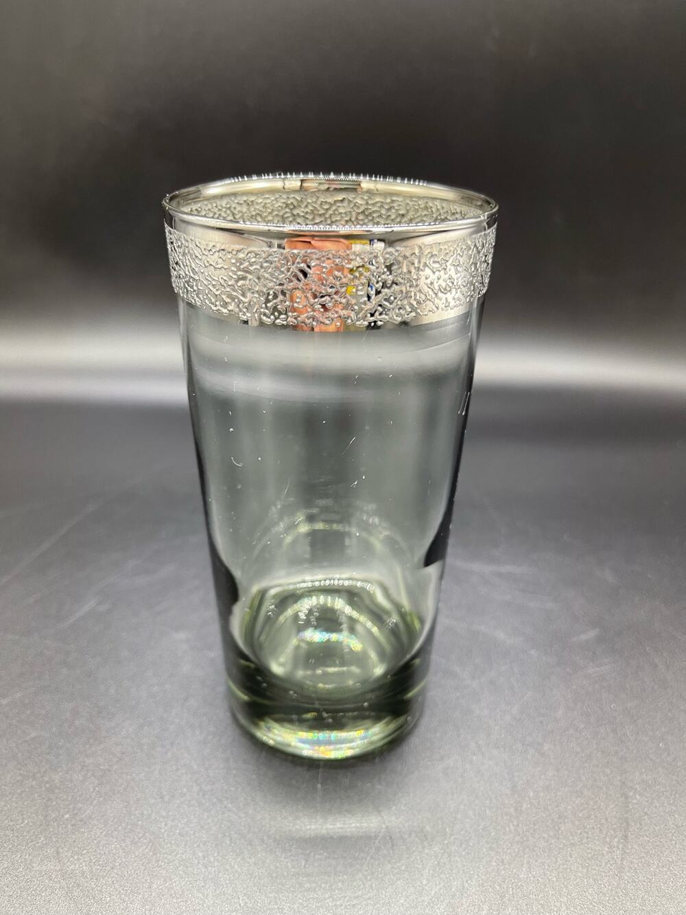 Vintage MCM Smoked Glass Tumbler with Embossed Silver Band Barware